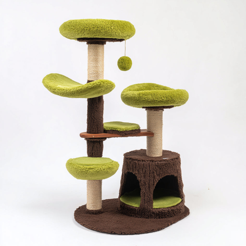 Mobili per gatti - legno-sisal-peluche - 76x50x132 cm - verde-marrone-beige - moderno con tiragraffi e cuccia