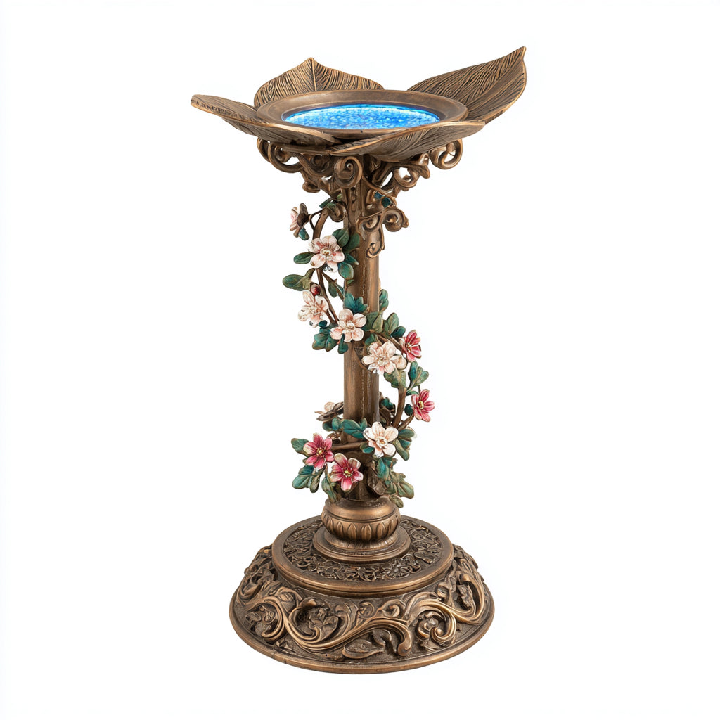 Mangiatoie per uccelli - resina - 36x36x64 cm - bronzo-verde-bianco-rosa - classico floreale