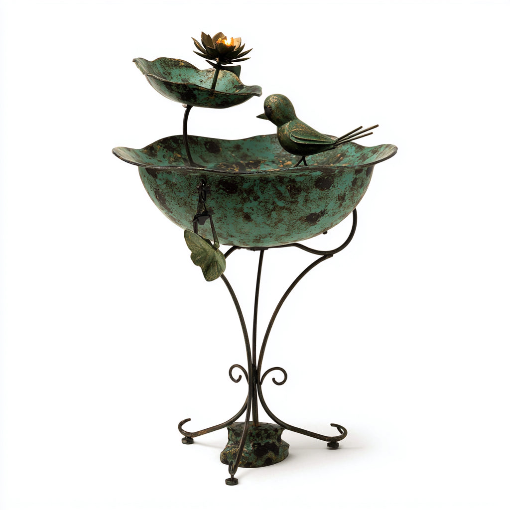 Mangiatoie per uccelli - metallo - 34x31x57 cm - verde-nero-bronzo - vintage floreale