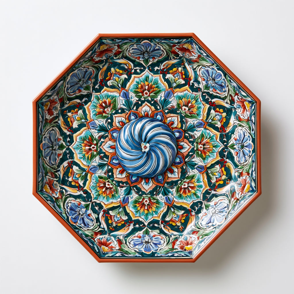 Piatti decorativi - Ceramica - 32x32x5 cm - turchese-blu-verde-arancione-bianco - marocchino