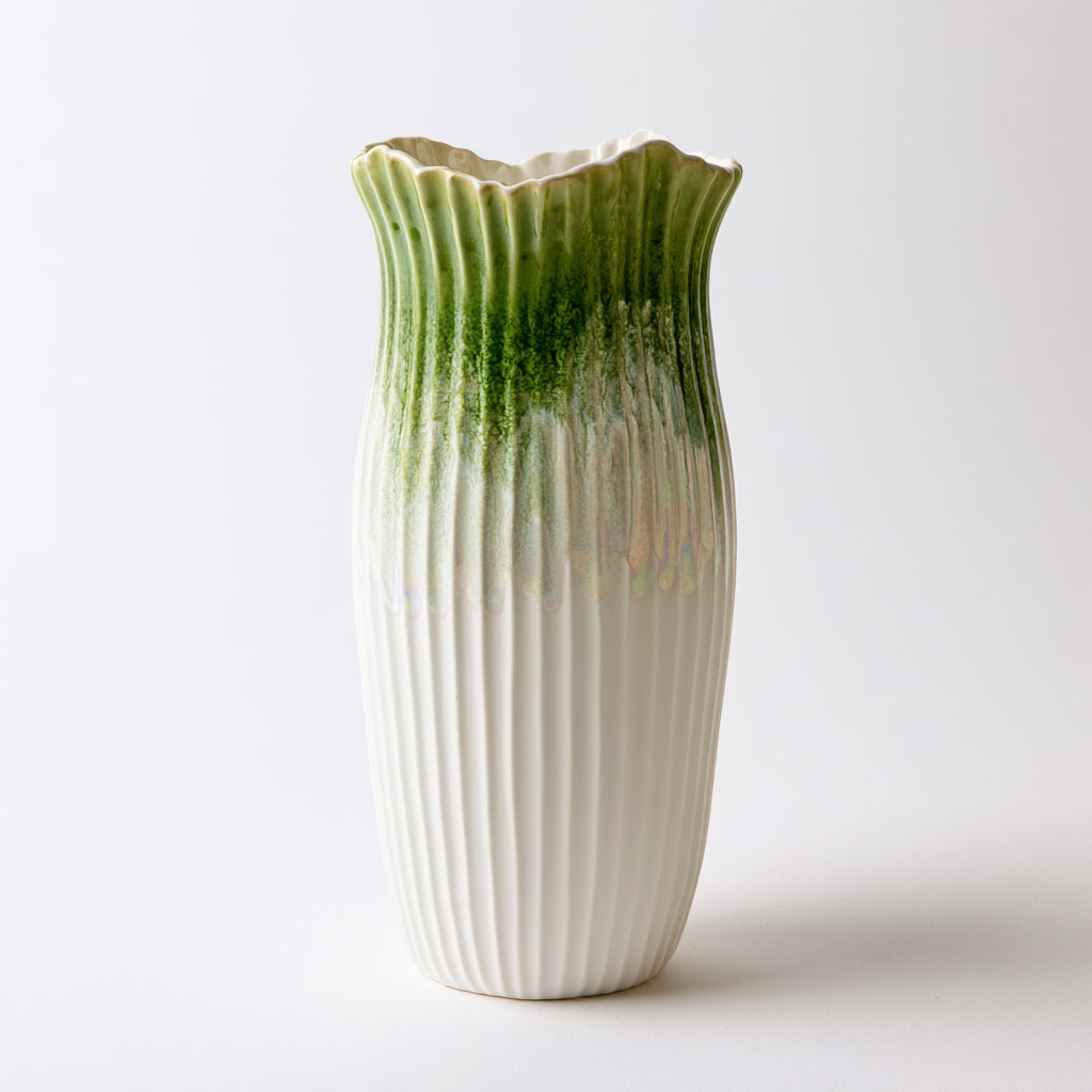 Vasi-Ceramica-17 x 17 x 39 cm-Bianco-Verde-Stile moderno scanalato
