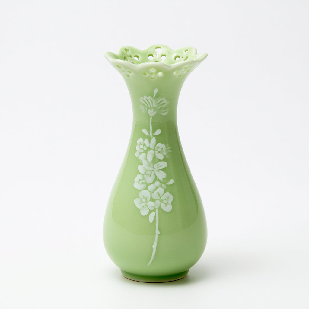 Vasi-Ceramica-16 x 16 x 32 cm-Verde chiaro-Bianco-Stile floreale traforato