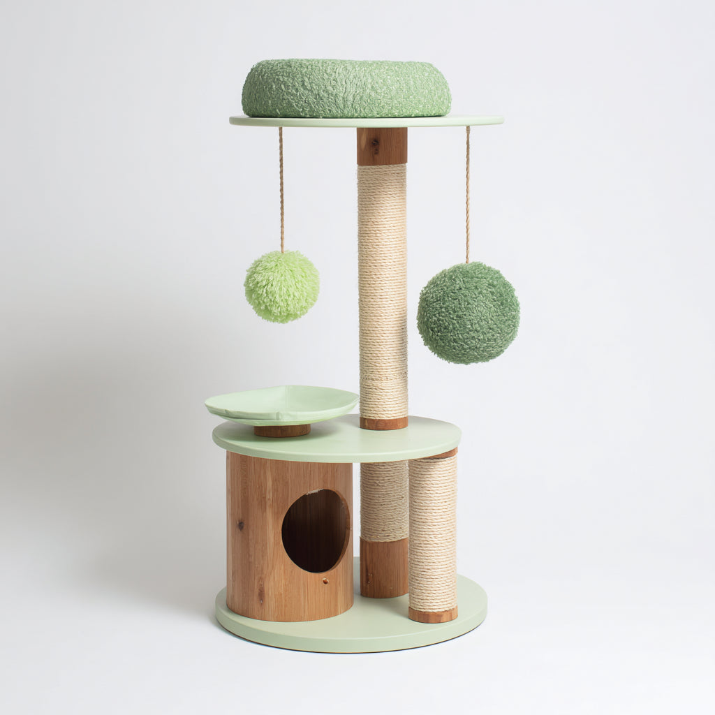 Mobili per gatti - legno-sisal-tessuto - 54x54x118 cm - verde chiaro-beige-marrone - moderno con tiragraffi e cuccia