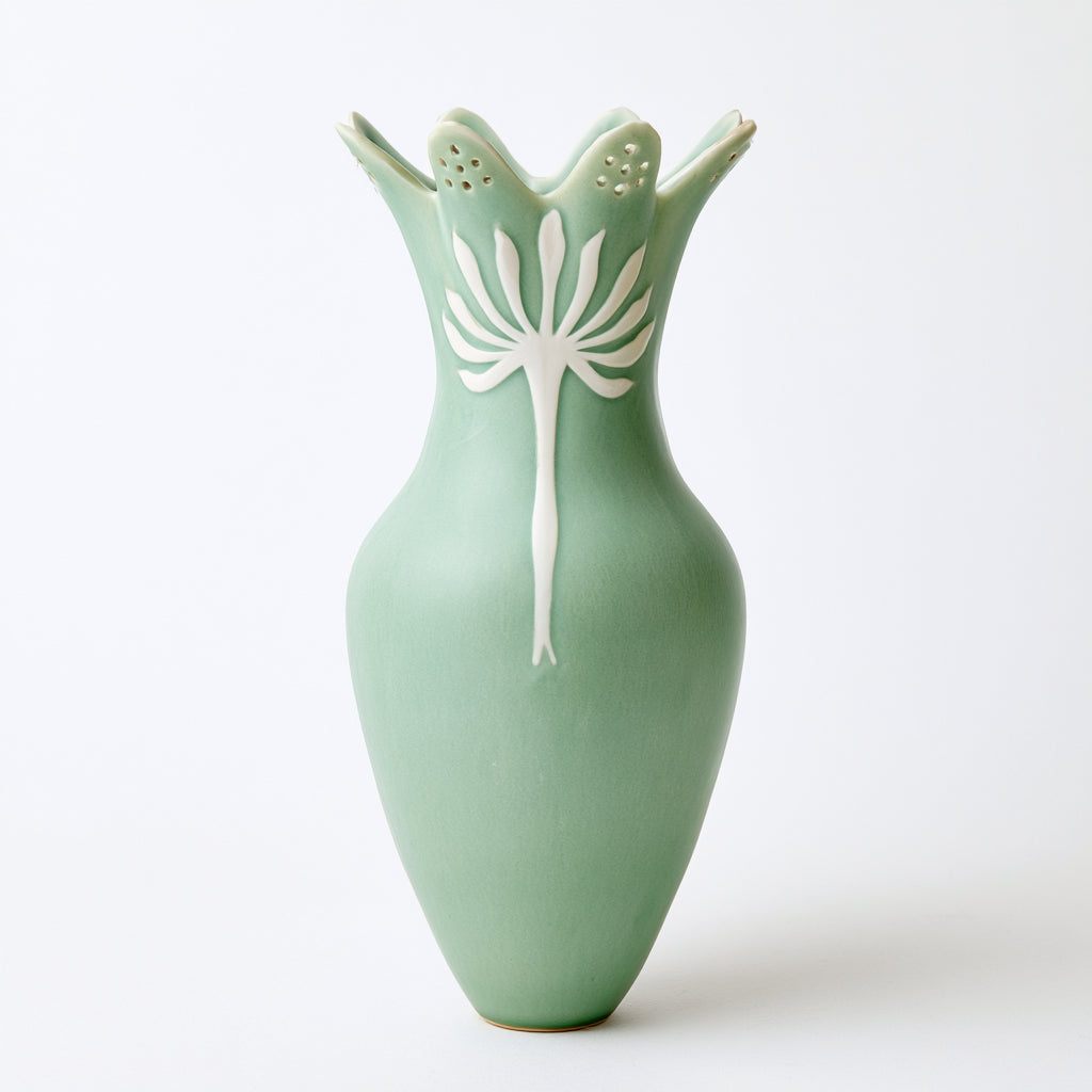 Vasi-Ceramica-18 x 18 x 37 cm-Verde chiaro-Bianco-Stile floreale intagliato