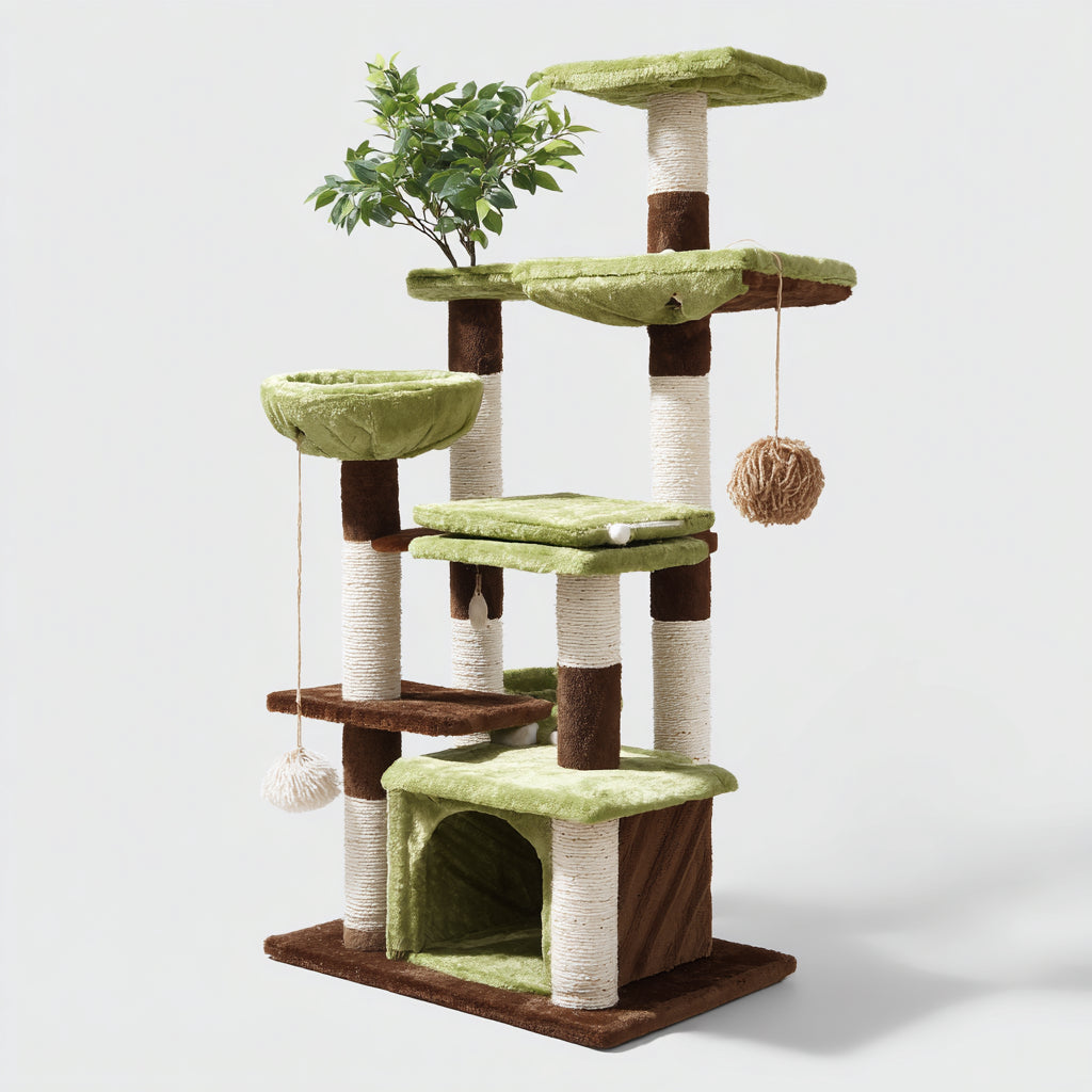 Mobili per gatti - legno-sisal-peluche - 82x58x168 cm - verde-marrone-beige-bianco - moderno con tiragraffi e cuccia