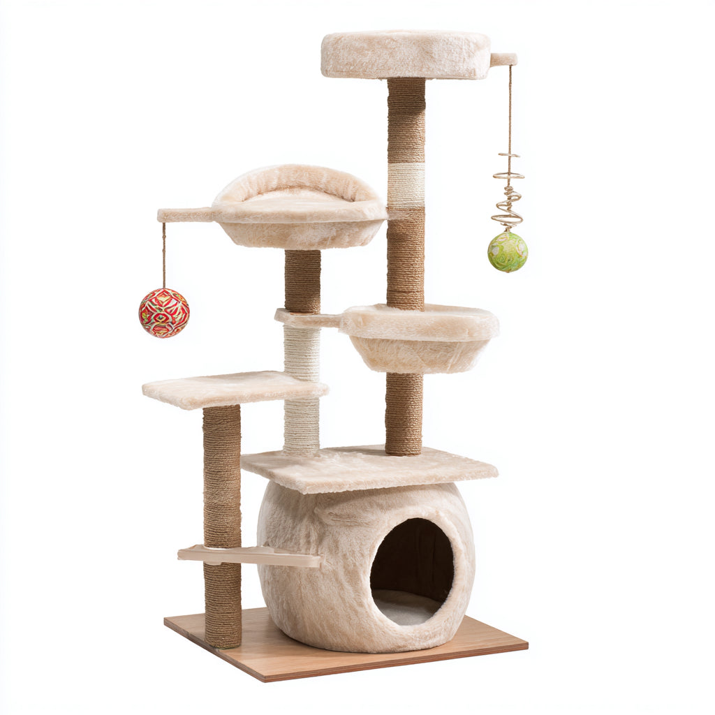 Mobili per gatti - legno-sisal-peluche - 68x52x156 cm - beige-marrone-bianco - moderno con tiragraffi e cuccia