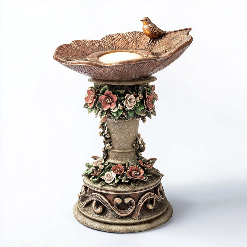 Mangiatoie per uccelli - resina - 34x34x47 cm - bronzo-beige-verde-rosa-bianco - floreale classico
