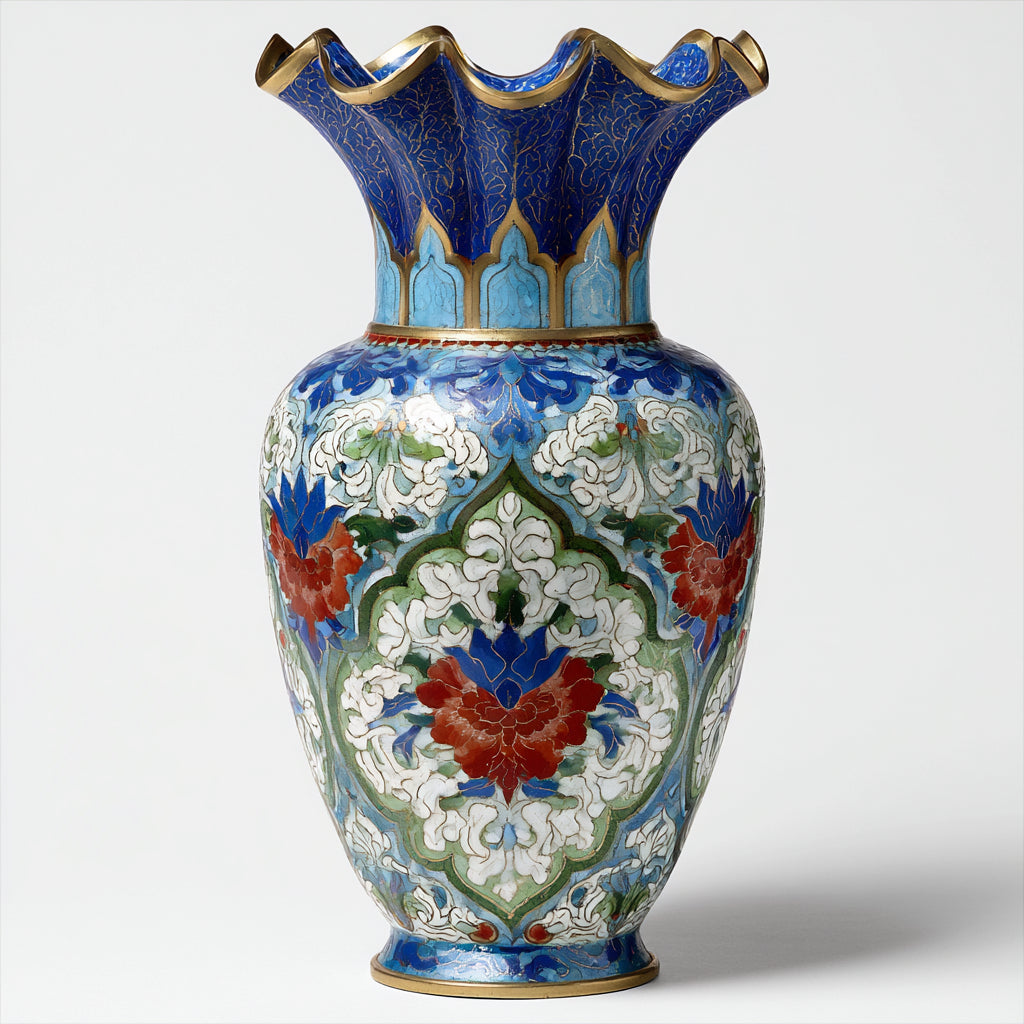 Vasi-Metallo-Smalto-27 x 27 x 42 cm-Blu-Azzurro-Verde-Rosso-Bianco-Oro-Stile ornamentale ondulato